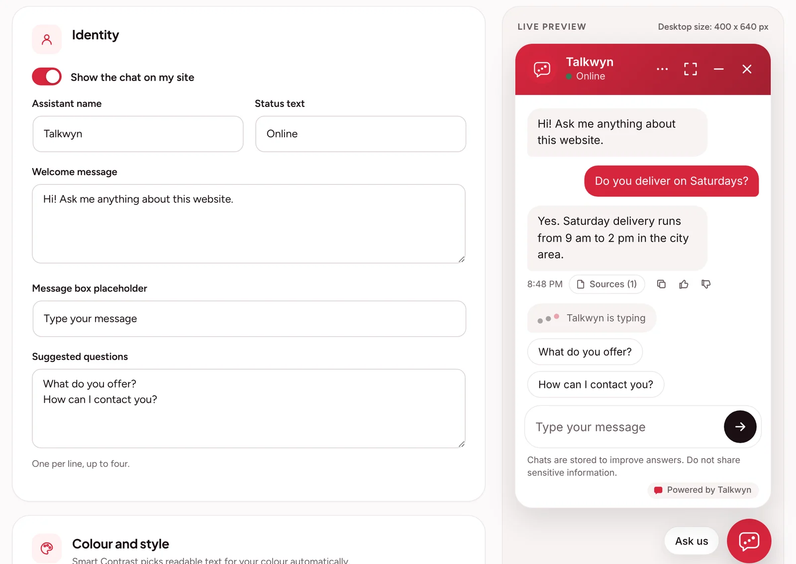 Talkwyn appearance settings with name, welcome message and suggested questions next to a live preview of the chat
