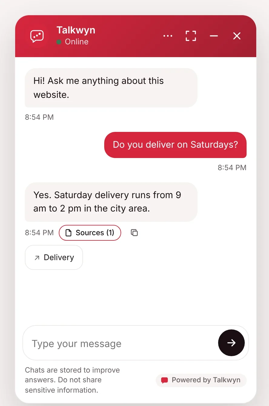 Sample chat: a visitor asks about Saturday delivery and gets the answer with a source link