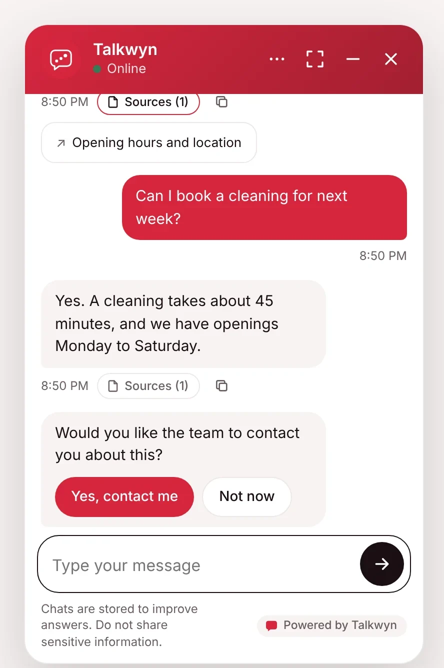 Sample chat: a visitor asks to book, Talkwyn answers and asks whether the team may contact them