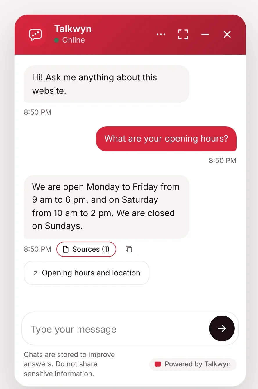 Sample chat answering an opening hours question, with its source page listed under the answer
