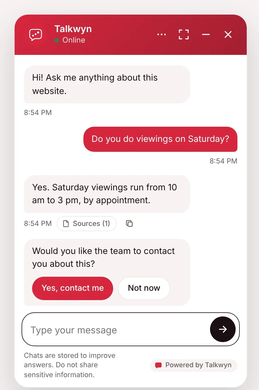 Sample real estate chat: Saturday viewing times answered, then an offer for the team to get in touch