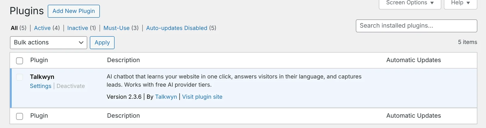 The WordPress Plugins screen with Talkwyn installed and active