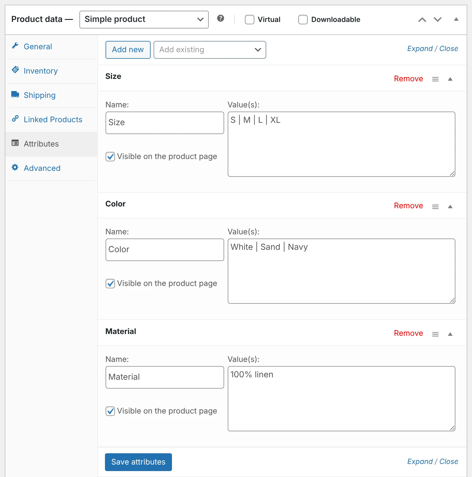 A WooCommerce product with Size, Color and Material attributes filled in